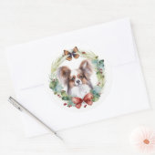 Papillon Kerstkrans feestelijke pup Ronde Sticker (Envelop)