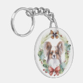 Papillon Kerstkrans feestelijke pup Sleutelhanger (Voorkant Links)