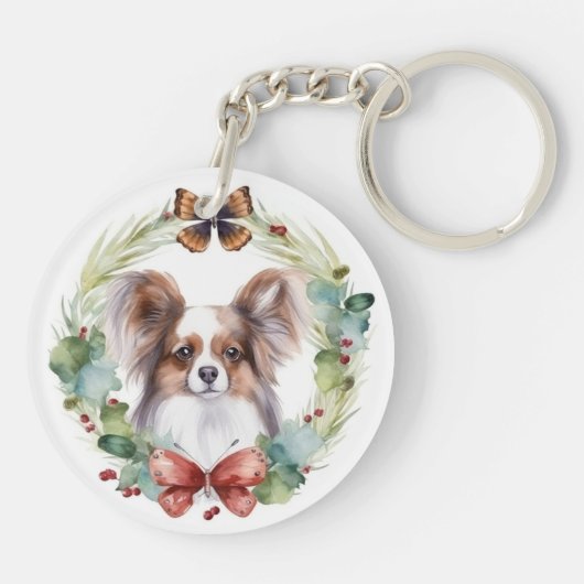 Papillon Kerstkrans feestelijke pup Sleutelhanger (Achterkant)