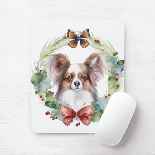 Papillon Kerstkrans Festieve Pup Muismat (Met muis)
