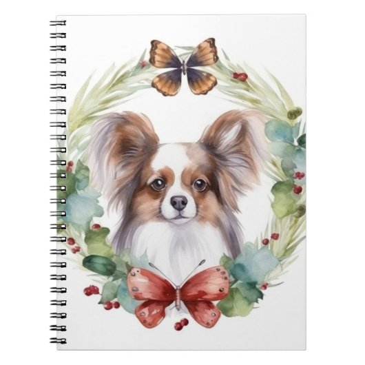 Papillon Kerstkrans Festieve Pup Notitieboek (Voorkant)