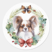 Papillon Kerstkrans Festieve Pup Ronde Sticker (Voorkant)
