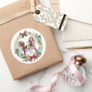 Papillon Kerstkrans Festieve Pup Ronde Sticker