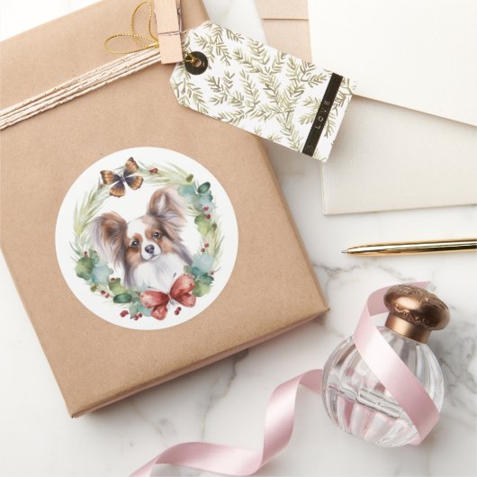 Papillon Kerstkrans Festieve Pup Ronde Sticker (Geschenken)