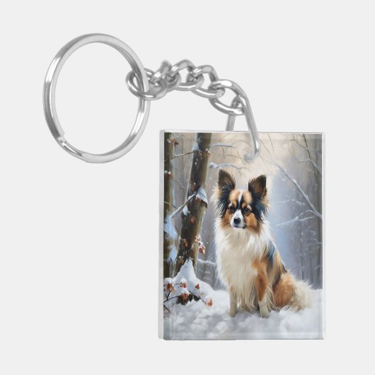 Papillon laat het sneeuwen Kerstmis Sleutelhanger (Voorkant Links)