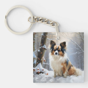 Papillon laat het sneeuwen Kerstmis Sleutelhanger