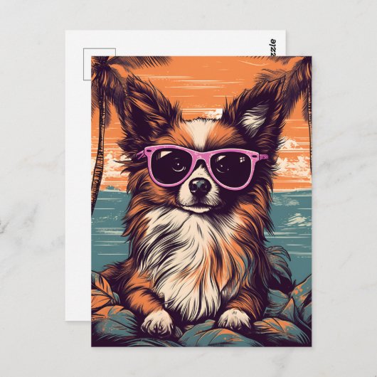 Papillon met zonnebril op het strand briefkaart (Voorkant / Achterkant)
