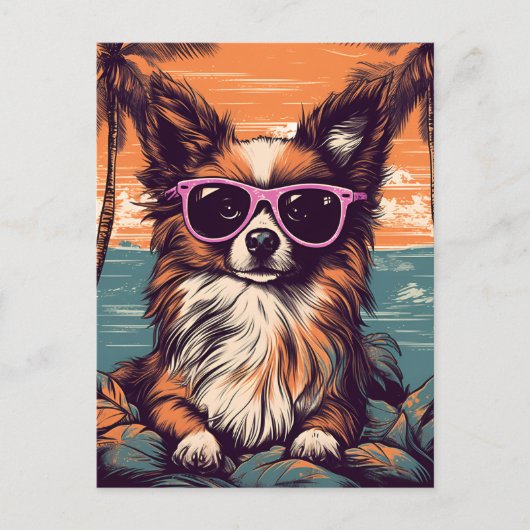 Papillon met zonnebril op het strand briefkaart (Voorkant)