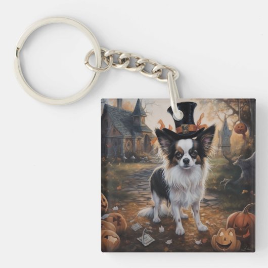 Papillon Pompoenen Halloween Griezelen Sleutelhanger (Voorkant)
