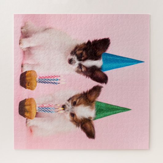 Papillon Puppy Dog Birthday Party Cake Natuur Legpuzzel (Horizontaal)