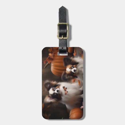 Papillon Puppy Herfst Delight Pompoen Bagagelabel (Voorkant verticaal)