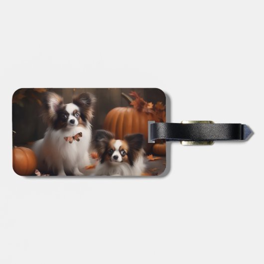 Papillon Puppy Herfst Delight Pompoen Bagagelabel (Achterkant horizontaal)