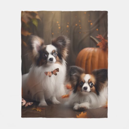 Papillon Puppy Herfst Delight Pompoen Fleece Deken (Voorkant)
