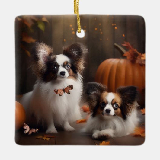 Papillon Puppy Herfst Delight Pompoen Keramisch Ornament (Voorkant)