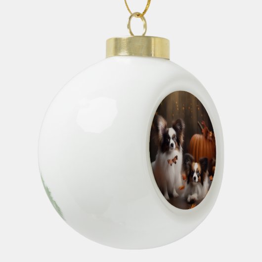 Papillon Puppy Herfst Delight Pompoen Keramische Bal Ornament (Links)