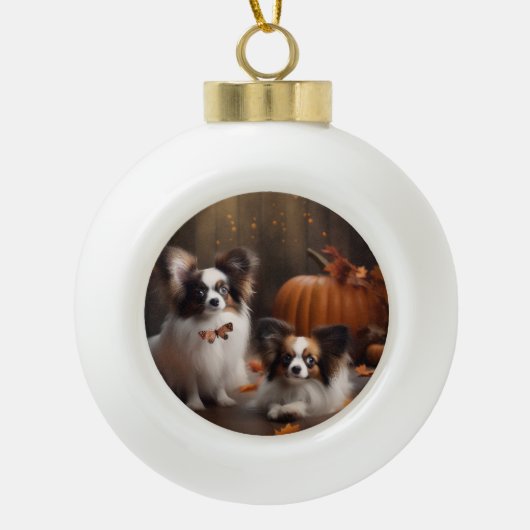 Papillon Puppy Herfst Delight Pompoen Keramische Bal Ornament (Voorkant)