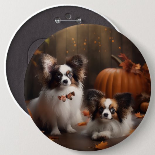 Papillon Puppy Herfst Delight Pompoen Ronde Button 6,0 Cm (Voorkant /achterkant)