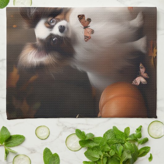 Papillon Puppy Herfst Delight Pompoen Theedoek (Gevouwen)