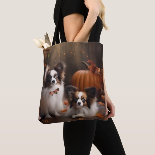 Papillon Puppy Herfst Delight Pompoen Tote Bag (Dichtbij)