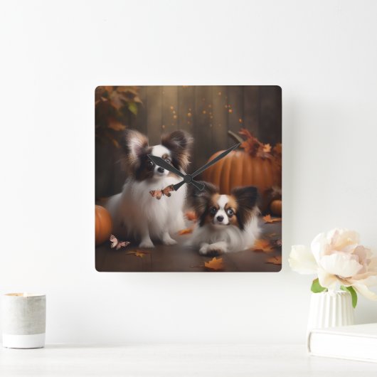 Papillon Puppy Herfst Delight Pompoen Vierkante Klok (Huis)