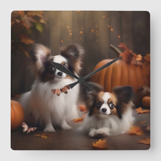 Papillon Puppy Herfst Delight Pompoen Vierkante Klok (Voorkant)