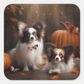 Papillon Puppy Herfst Delight Pompoen Vierkante Sticker (Voorkant)