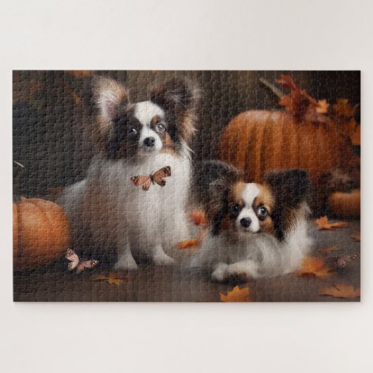 Papillon Puppy Herfst Plezier Pompoen Legpuzzel (Horizontaal)
