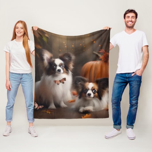 Papillon Puppy Herfstpracht Pompoen Fleece Deken (In situ)