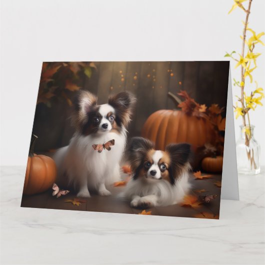Papillon Puppy Herfstpracht Pompoen Kaart (Gele Bloem)
