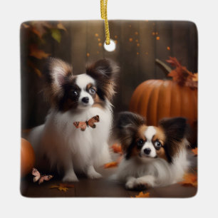 Papillon Puppy Herfstpracht Pompoen Keramisch Ornament