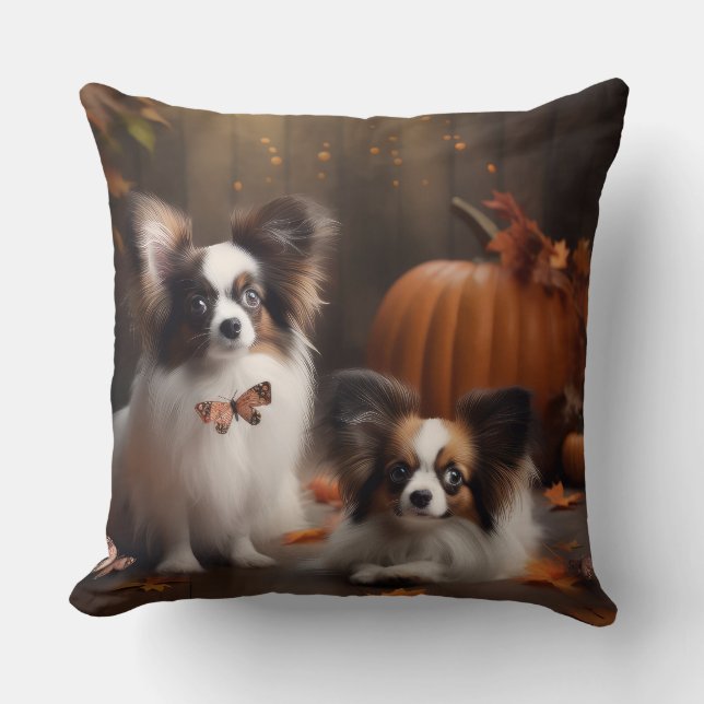 Papillon Puppy Herfstpracht Pompoen Kussen (Voorkant)