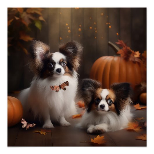 Papillon Puppy Herfstpracht Pompoen Perfect Poster (Voorkant)