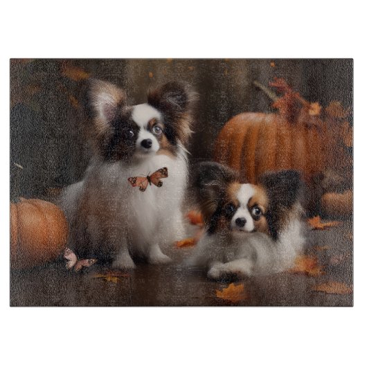 Papillon Puppy Herfstpracht Pompoen Snijplank (Voorkant)