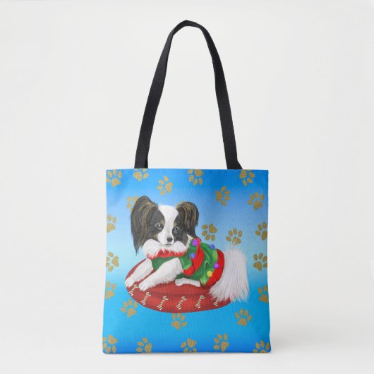 Papillon Puppy met groene en rode kerstjurk Tote Bag (Voorkant)