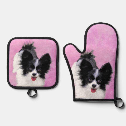Papillon Schilderij Zwart-wit Originele Hond Art Ovenwant & Pannenlap Set (Voorkant)