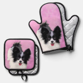 Papillon Schilderij Zwart-wit Originele Hond Art Ovenwant & Pannenlap Set (Voorkant / Achterkant)