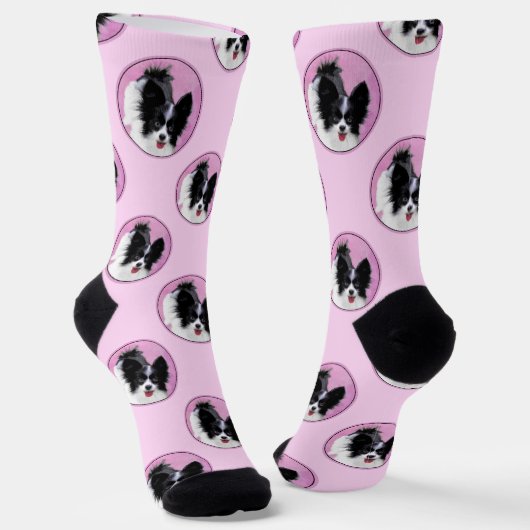 Papillon Schilderij Zwart-wit Originele Hond Art Sokken (Gebogen)