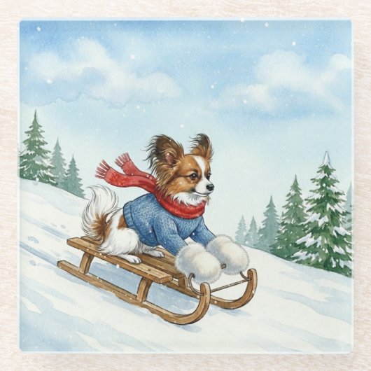 Papillon Sledding, Glass Coaster Glazen Onderzetter (Voorkant)