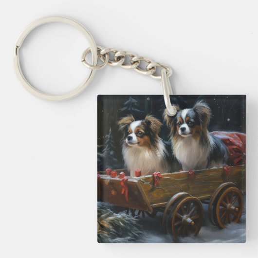 Papillon Sneeuwslee Kerstdecoratie Sleutelhanger (Voorkant)