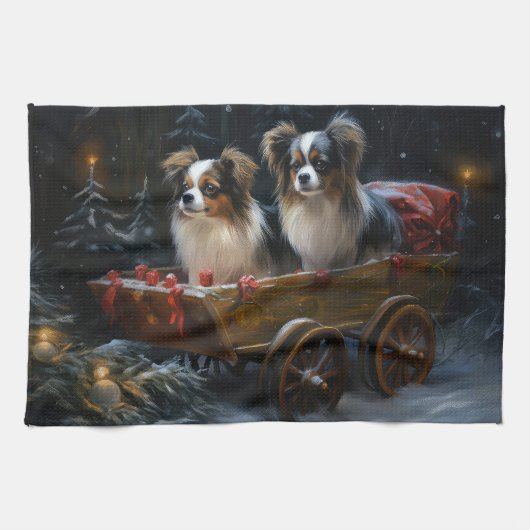 Papillon Sneeuwslee Kerstdecoratie Theedoek (Horizontaal)