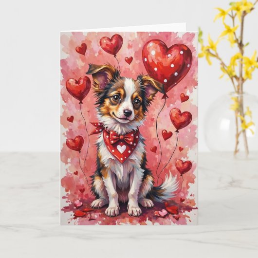 Papillon Valentine’s Day Dog with Hearts Red Kaart (Gele Bloem)
