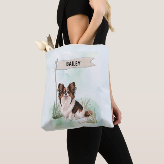 Papillon Watercolor Personalized Dog Tote Bag (Dichtbij)