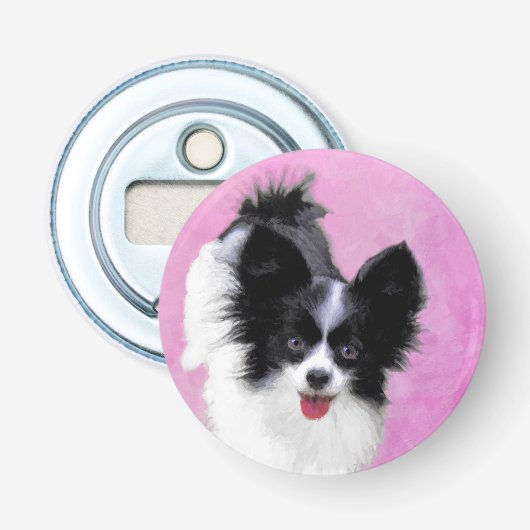 Papillon (wit en zwart) schilderen - Dog Art Button Flesopener (Voorkant)