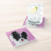 Papillon (wit en zwart) schilderen - Dog Art Glazen Onderzetter (Schuin)