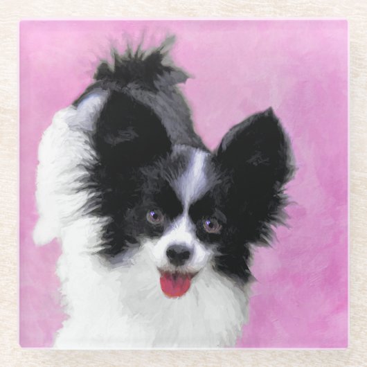 Papillon (wit en zwart) schilderen - Dog Art Glazen Onderzetter (Voorkant)