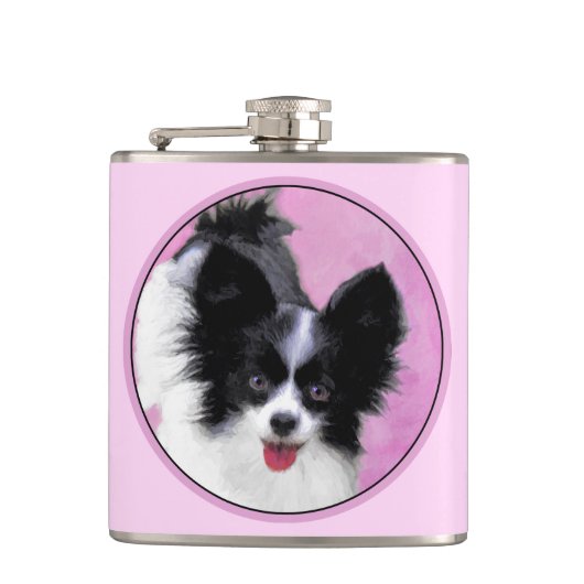 Papillon (wit en zwart) schilderen - Dog Art Heupfles (Voorkant)