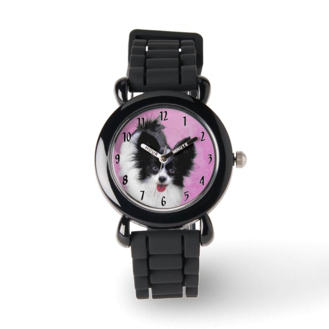 Papillon (wit en zwart) schilderen - Dog Art Horloge (Voorkant)
