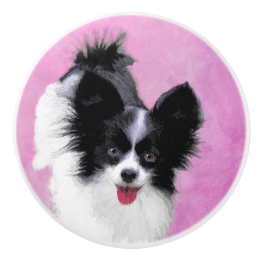 Papillon (wit en zwart) schilderen - Dog Art Keramische Knop (Voorkant)