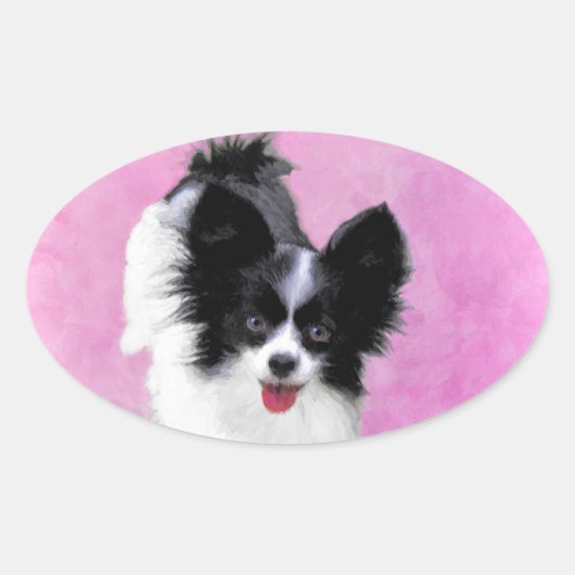 Papillon (wit en zwart) schilderen - Dog Art Ovale Sticker (Voorkant)