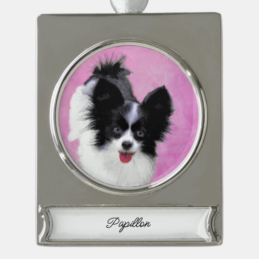 Papillon (wit en zwart) schilderen - Dog Art Silv Verzilverd Banner Ornament (Voorkant)